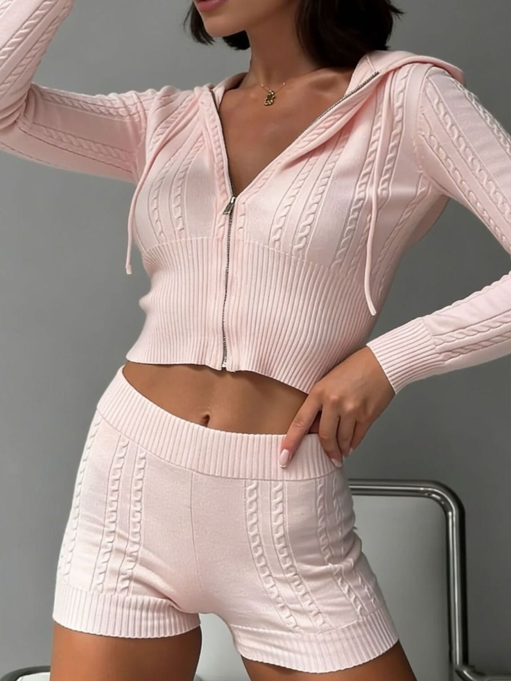Cable Knit Zip-Up Hooded Top and Shorts Lounge Set
